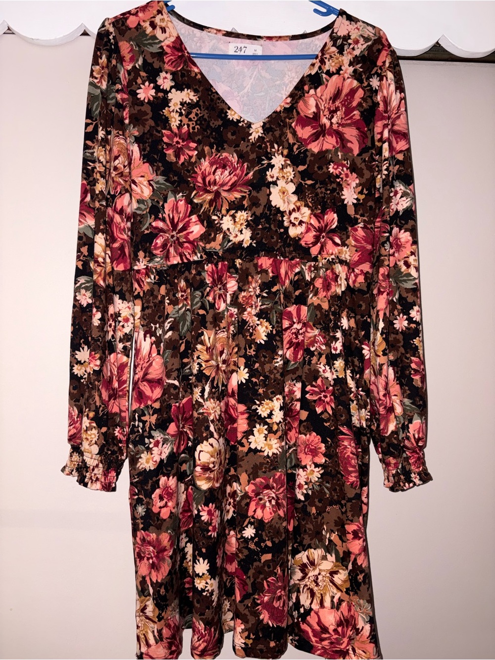 24/7 Floral V-Neck Long Sleeve Dress in Brown and Pink